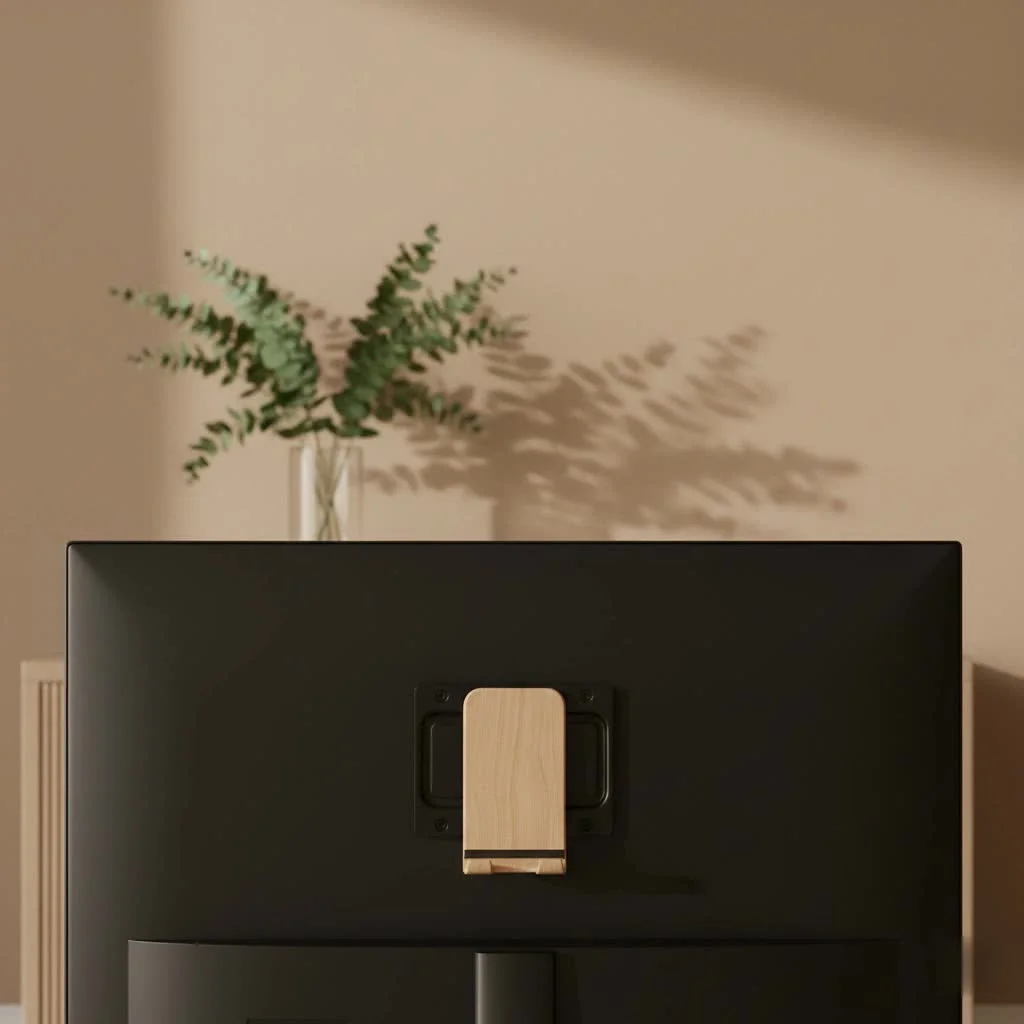 Smartphone resting on a sleek, modern mobile phone stand on a desk
