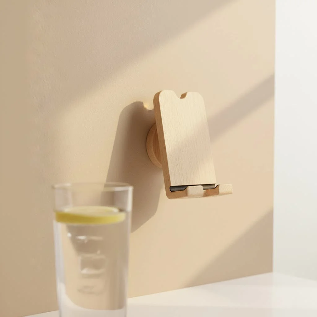 Small phone stand supporting a smartphone on a desk