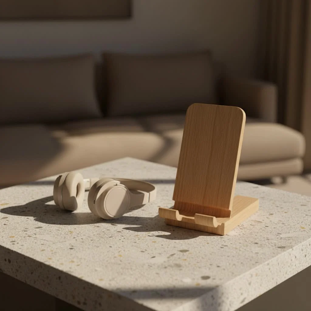 Cell phone on a desk stand displaying a video call