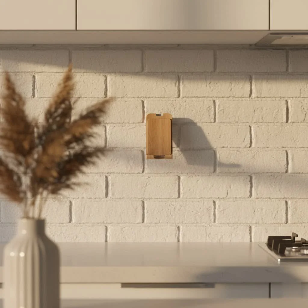 Phone on an adjustable stand with a laptop in the background