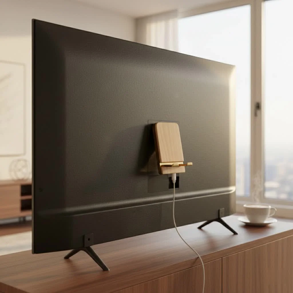 Elegant wooden cell phone stand on a desk
