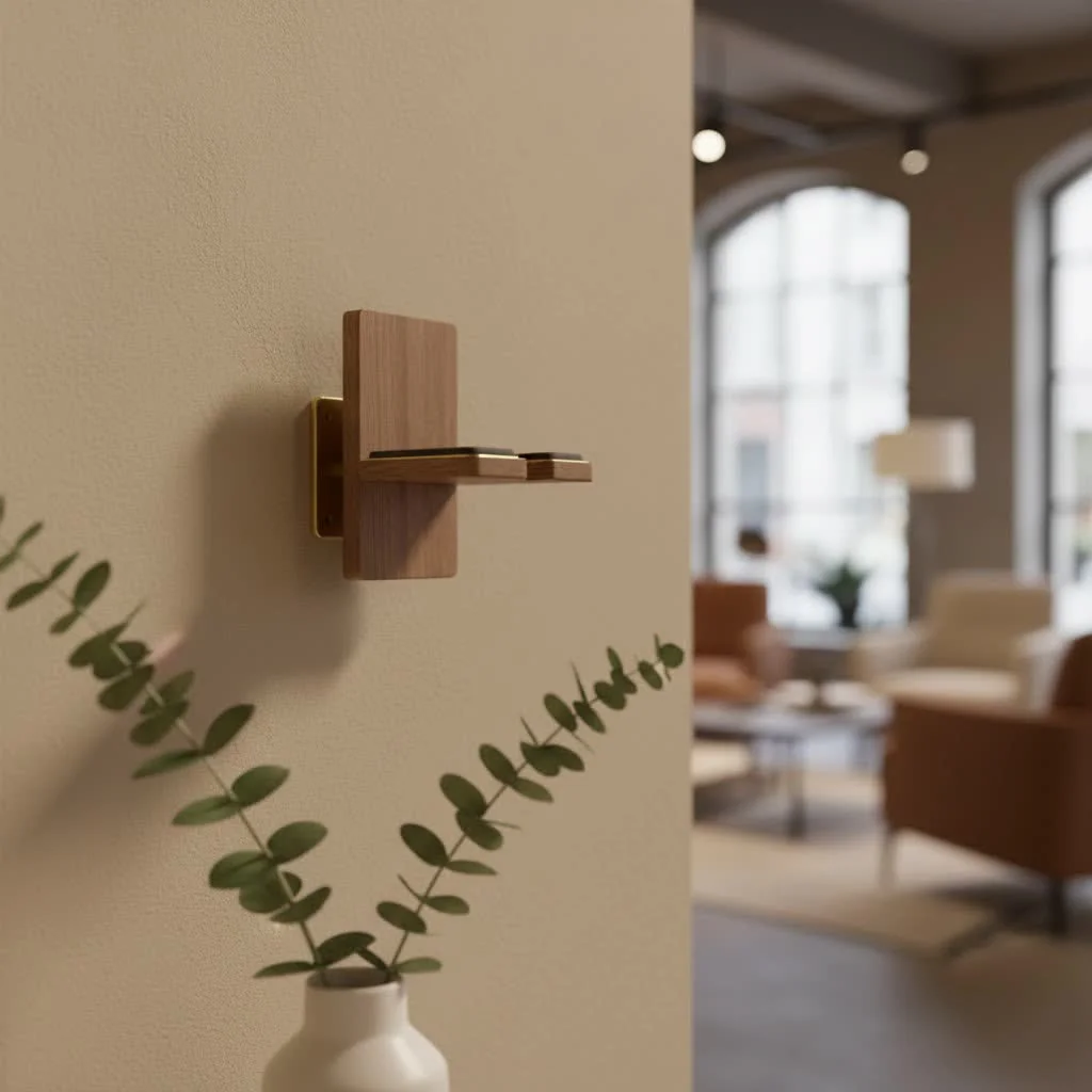Smartphone resting on a sleek, adjustable desk phone stand