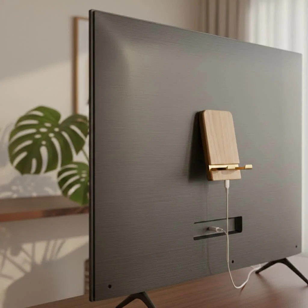 Elegant wooden phone stand holding a smartphone on a clean desk