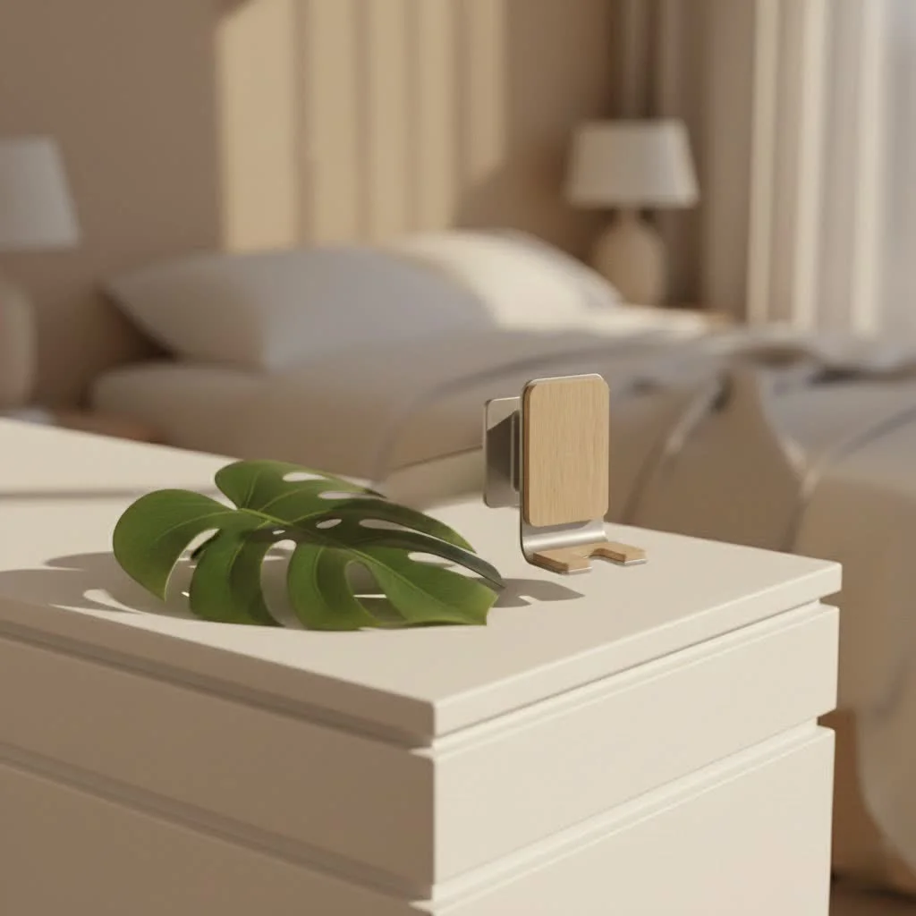Soft phone pillow stand holding a smartphone on a bed