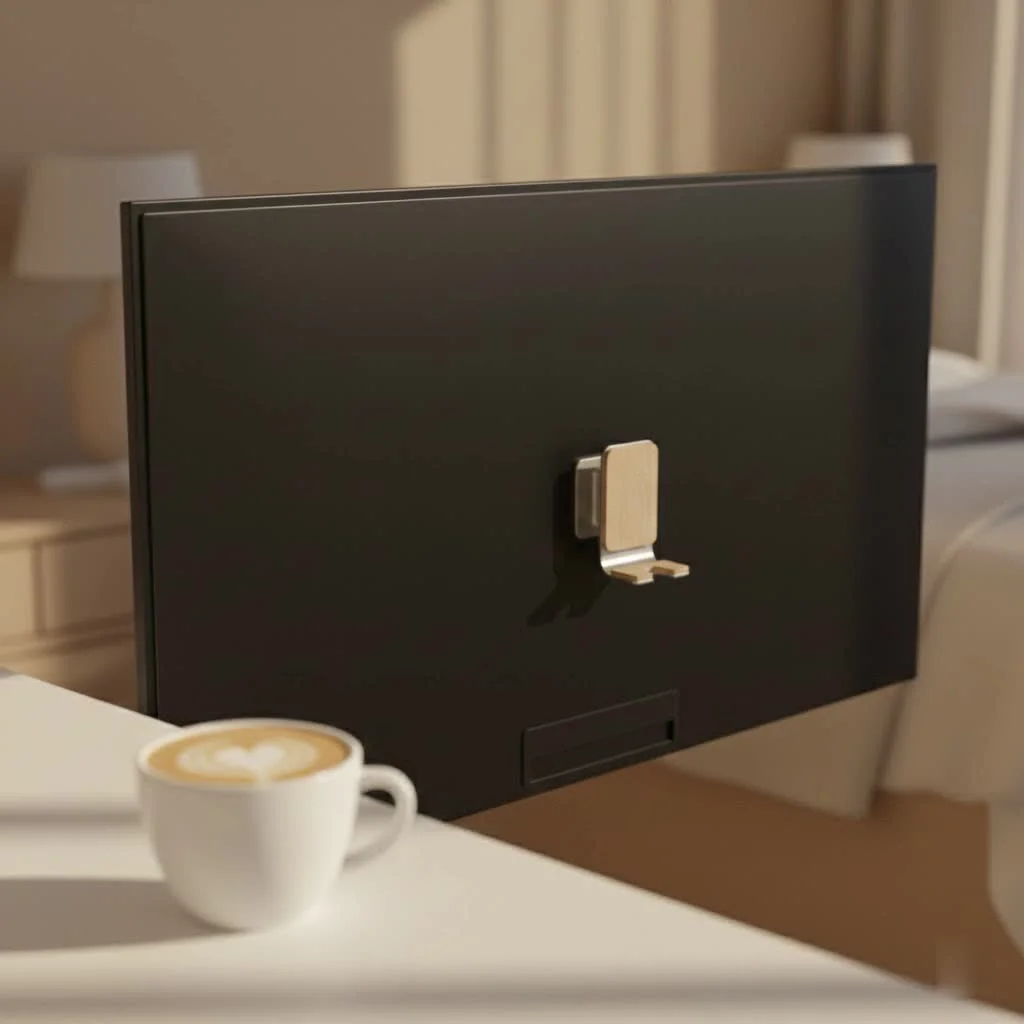 iPhone on a sleek charging stand with a modern desk setup